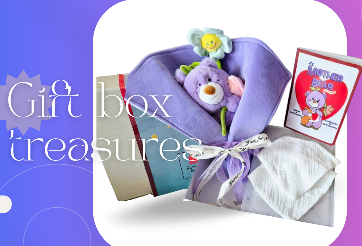 Promotional graphic for a baby gift box set, featuring a purple wrapped plush toy, a folded baby organic white bibs, a red baby outfit, and a boxed set on a pink-to-purple gradient background with the text 'Gift box treasures'.